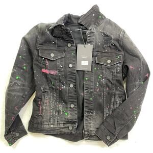 NWOT Embellish Denim, Black Jean Jacket, Paint Splatter,‎ Medium, 155$